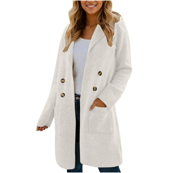 Lovskoo Women's Winter Wool Coat Notch Lapel Double Breasted Wool Blend Mid Long Pea Trench Coat Fall Winter Clothes Beige M