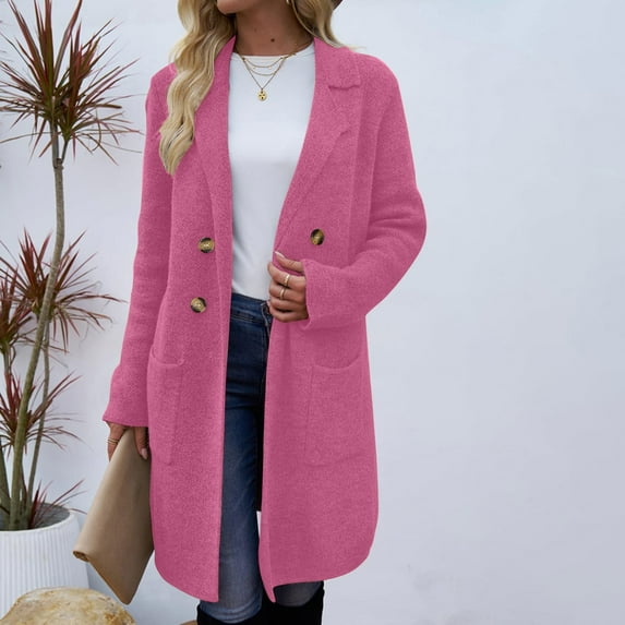 Lovskoo Women's Winter Wool Coat Notch Lapel Double Breasted Wool Blend Mid Long Pea Trench Coat Fall Winter Clothes Dark Pink S