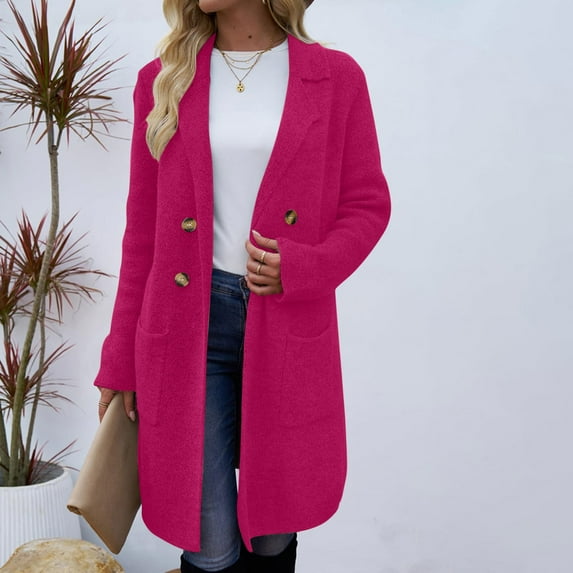 Lovskoo Women's Winter Wool Coat Notch Lapel Double Breasted Wool Blend Mid Long Pea Trench Coat Fall Winter Clothes Hot Pink XL