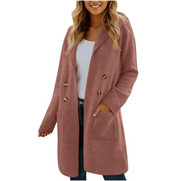 Lovskoo Women's Winter Wool Coat Notch Lapel Double Breasted Wool Blend Mid Long Pea Trench Coat Fall Winter Clothes Orange S