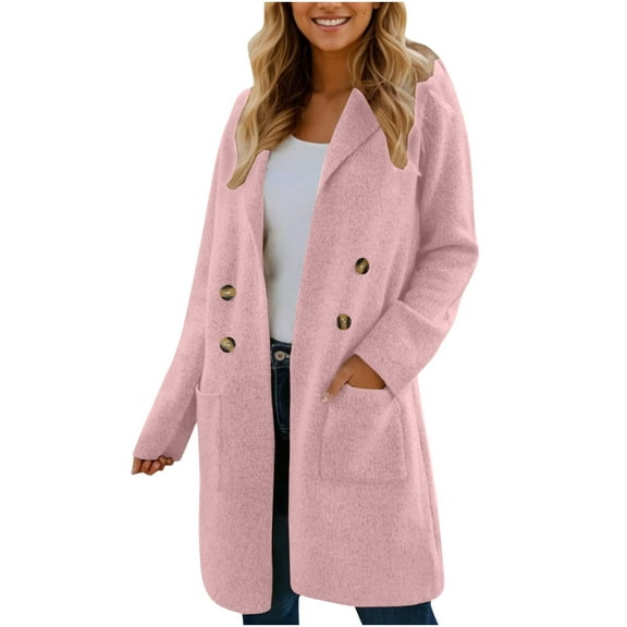 Lovskoo Women's Winter Wool Coat Notch Lapel Double Breasted Wool Blend Mid Long Pea Trench Coat Fall Winter Clothes Pink L