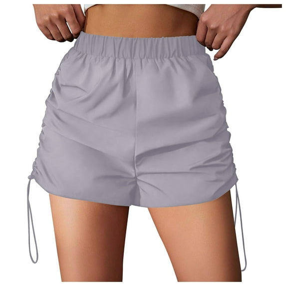 Lovskoo Women's Workout Cargo Shorts Casual Elastic Waist Sports Shorts Drawstring Ruched Track Shorts Gray