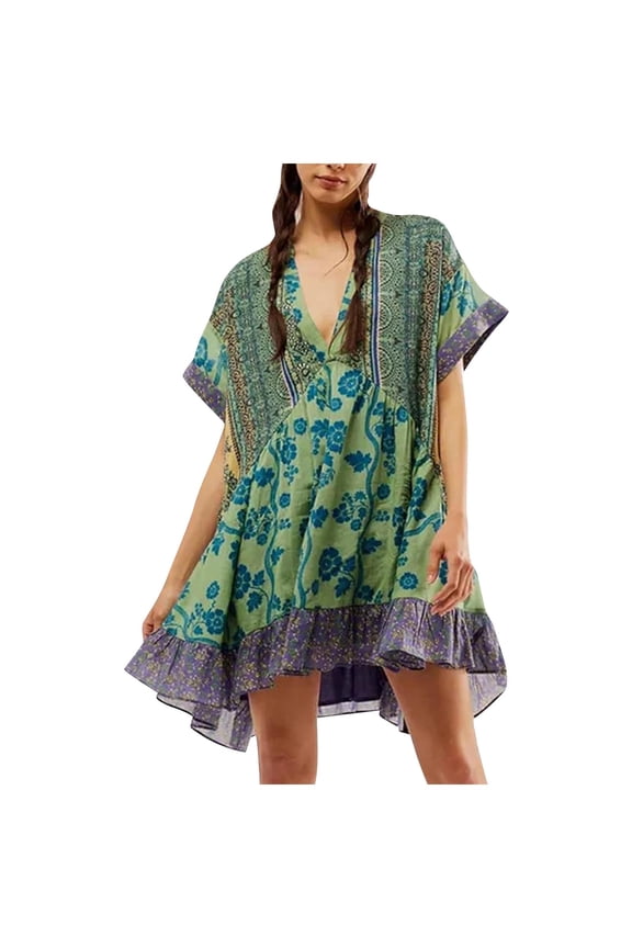 Women's Y2K Babydoll Flowy Dress Boho 2024 Summer Dresses Ruffle Mini Dress Deep V-Neck Casual Short Sleeve Floral Sundress Green