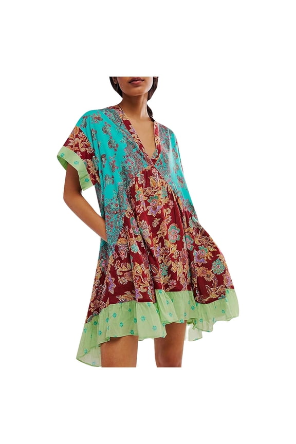 Women's Y2K Babydoll Flowy Dress Boho 2024 Summer Dresses Ruffle Mini Dress Deep V-Neck Casual Short Sleeve Floral Sundress Mint Green
