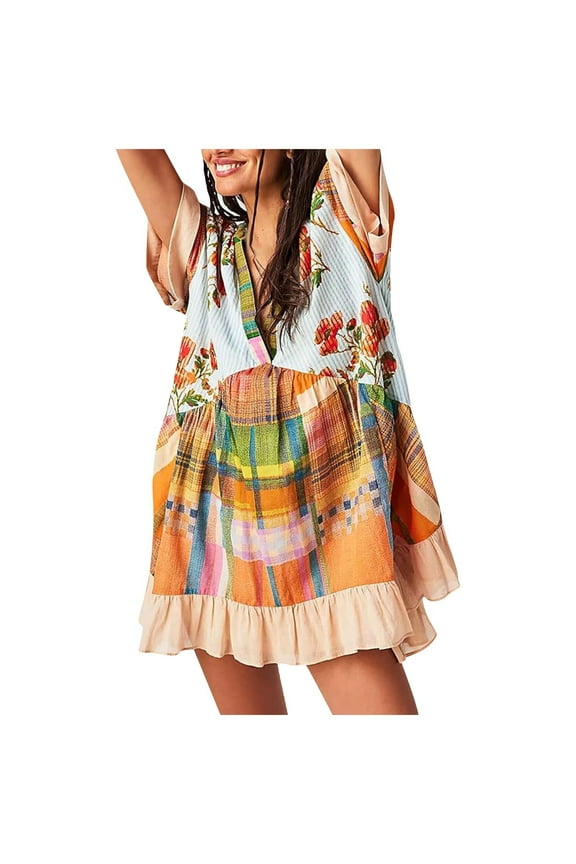 Women's Y2K Babydoll Flowy Dress Boho 2024 Summer Dresses Ruffle Mini Dress Deep V-Neck Casual Short Sleeve Floral Sundress Yellow-B