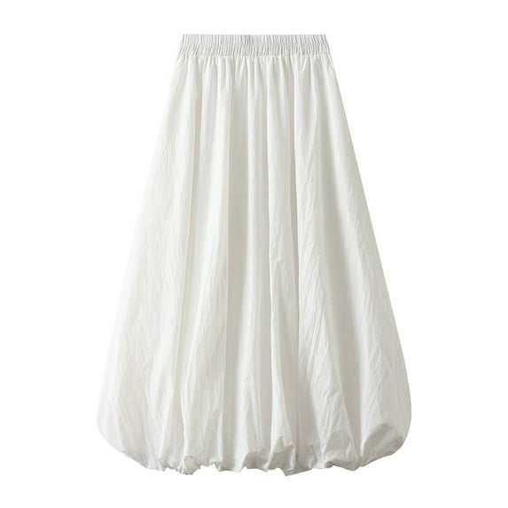 Lovskoo Women's Y2K Bubble Maxi Skirt Casual Elastic Low Waist Flowy A Line Long Skirt Summer Ruffle Skirt White