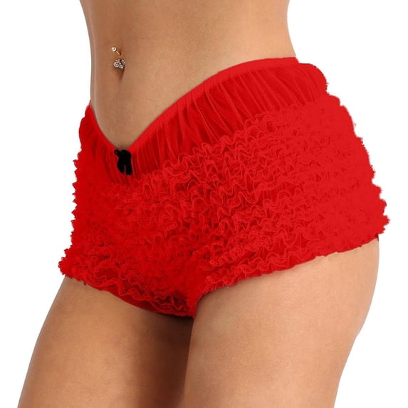 Lovskoo Women's Y2K Lace Ruffled Layered Shorts Tiered Bloomers Pumpkin Party Festival Boy Shorts Pettipants Red