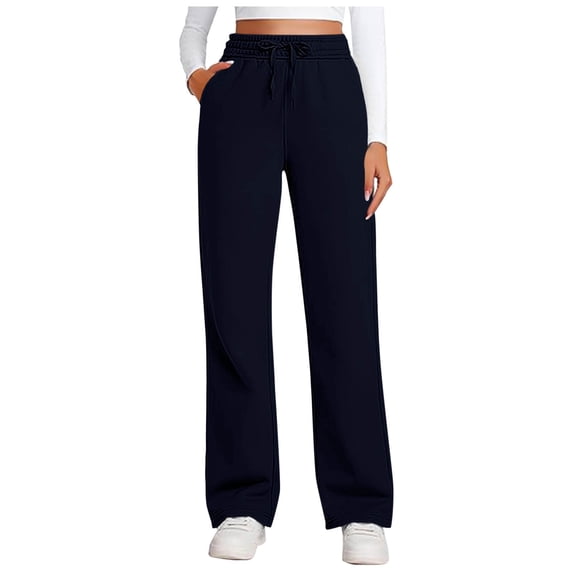 Lovskoo Women's Yoga Pants with Pocket Solid Color Drawstring Loose Casual Sports Sweatpants Long Pants Wide Leg Jogger Navy