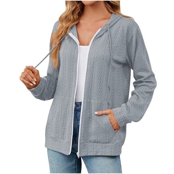 Lovskoo Women's Zipper Sweatshirt Hoodie with Pocket Long Sleeve Loose Jacket Outerwear Coat Gray