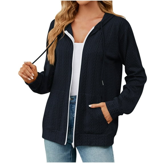 Lovskoo Women's Zipper Sweatshirt Hoodie with Pocket Long Sleeve Loose Jacket Outerwear Coat Navy