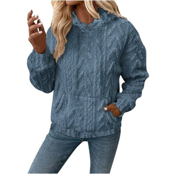 Lovskoo Women's fuzzy Oversized Sweatshirt solid color Long Sleeve Hooded Pullover Tops with Pockets Blue
