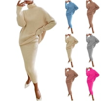 Lovskoo Womens 2023 Fall Two Piece Outfits Ribbed Knit Long Sleeve Turtleneck Pullover Sweater and Bodycon Midi Skirt Sets Beige