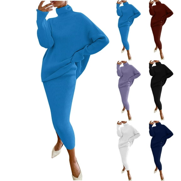 Lovskoo Womens 2023 Fall Two Piece Outfits Ribbed Knit Long Sleeve Turtleneck Pullover Sweater and Bodycon Midi Skirt Sets Black