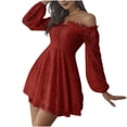 thumbnail image 1 of Lovskoo Womens 2024 Off Shoulder Summer Lace Cocktail Swing Dress Lace Up Bubble Long Sleeve Wedding Guest Party A Line Midi Dress Red, 1 of 7