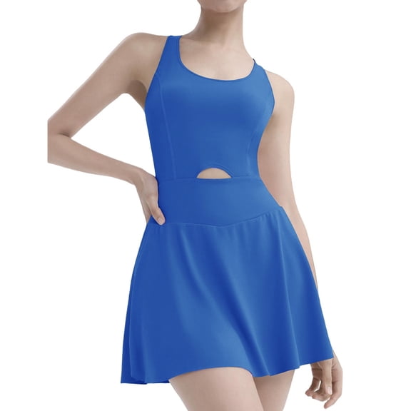 Lovskoo Womens 2024 Tennis Dress Solid Color Athletic Build In Shorts Summer Mini Dress Workout Casual Romper Short Sundress Blue L