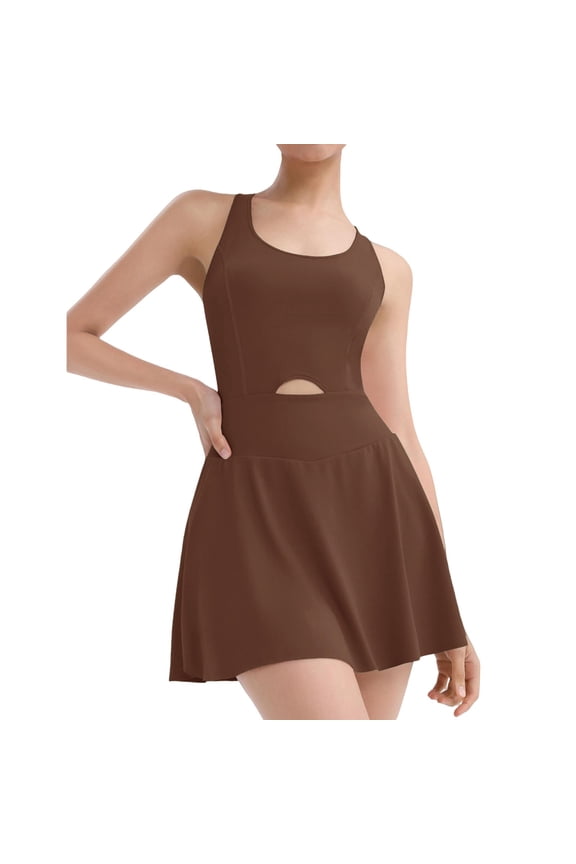 Womens 2024 Tennis Dress Solid Color Athletic Build In Shorts Summer Mini Dress Workout Casual Romper Short Sundress Coffee M