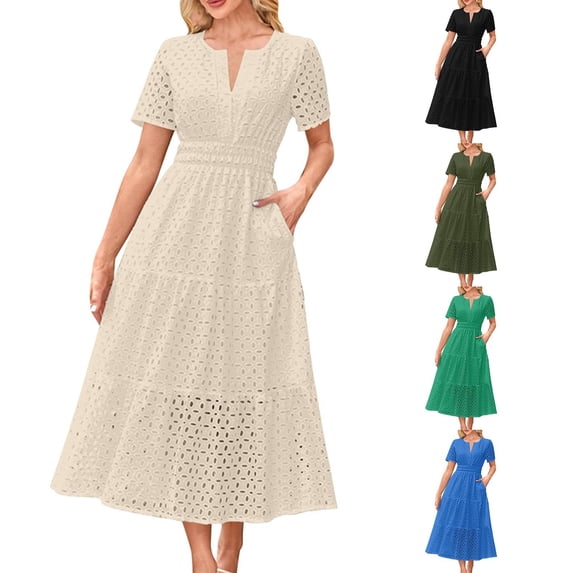 Lovskoo Womens 2025 Summer Midi Dress V Neck Short Sleeve A Line Hollow Out Lace Ruffle Cute Casual Beach Long Dresses Olive Green