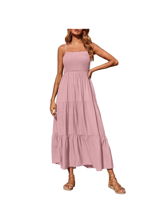 Womens Boho Summer Dresses Maxi Dress Spaghetti Strap Smocked Tiered Long Beach Sun Dresses Sleeveless Solid Dress Pink