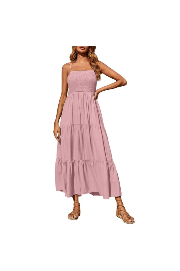 Womens Boho Summer Dresses Maxi Dress Spaghetti Strap Smocked Tiered Long Beach Sun Dresses Sleeveless Solid Dress Pink
