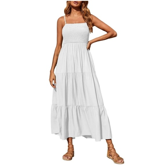 Lovskoo Womens Boho Summer Dresses Maxi Dress Spaghetti Strap Smocked Tiered Long Beach Sun Dresses Sleeveless Solid Dress White
