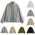 thumbnail image 1 of Lovskoo Womens Bomber Jacket Stand Collar Button Up Long Sleeve Snap Front Cardigan Outwear Jackets Gray, 1 of 4