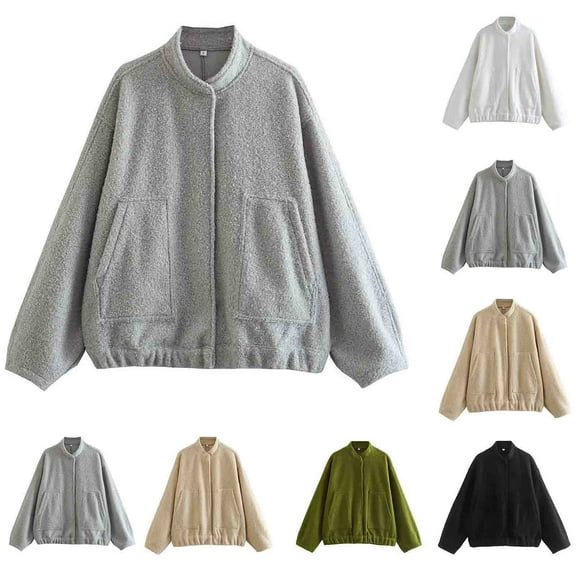 Lovskoo Womens Bomber Jacket Stand Collar Button Up Long Sleeve Snap Front Cardigan Outwear Jackets Olive Green