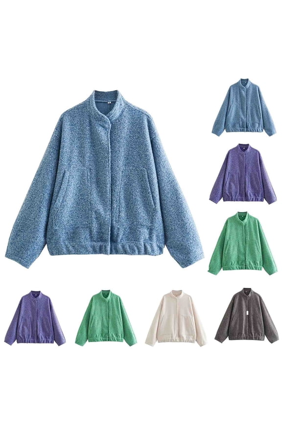 Womens Bomber Jacket Stand Collar Button Up Long Sleeve Snap Front Cardigan Sweatshirt Beige