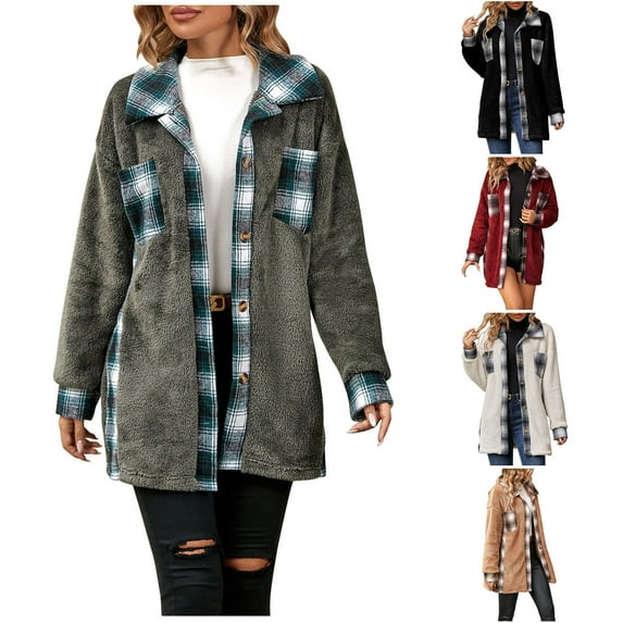 Lovskoo Womens Button Down Fuzzy Fleece Jacket Patchwork Fall and Winter Single Breasted Lapel Plaid Fluffy Jacket Long Coats Outerwear with Pocket Black