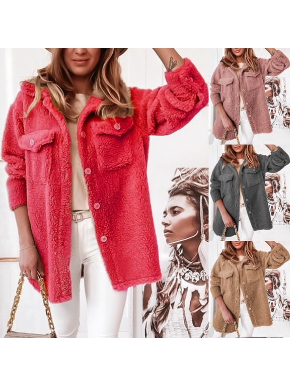 Womens Button Down Fuzzy Fleece Jacket Winter Fluffy Shacket Long Sleeve Coats Outerwear with Pocket Dark Gray