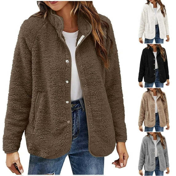 Lovskoo Womens Button Fuzzy Fleece Jacket Winter Solid Color Plush Long Sleeves Lapel Fluffy Coats Outerwear with Pocket Beige