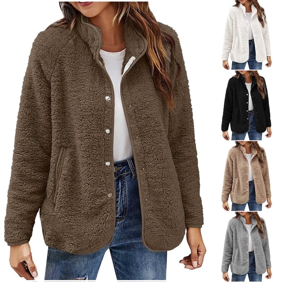 Lovskoo Womens Button Fuzzy Fleece Jacket Winter Solid Color Plush Long Sleeves Lapel Fluffy Coats Outerwear with Pocket Coffee