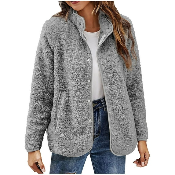 Lovskoo Womens Button Fuzzy Fleece Jacket Winter Solid Color Plush Long Sleeves Lapel Fluffy Coats Outerwear with Pocket Gray