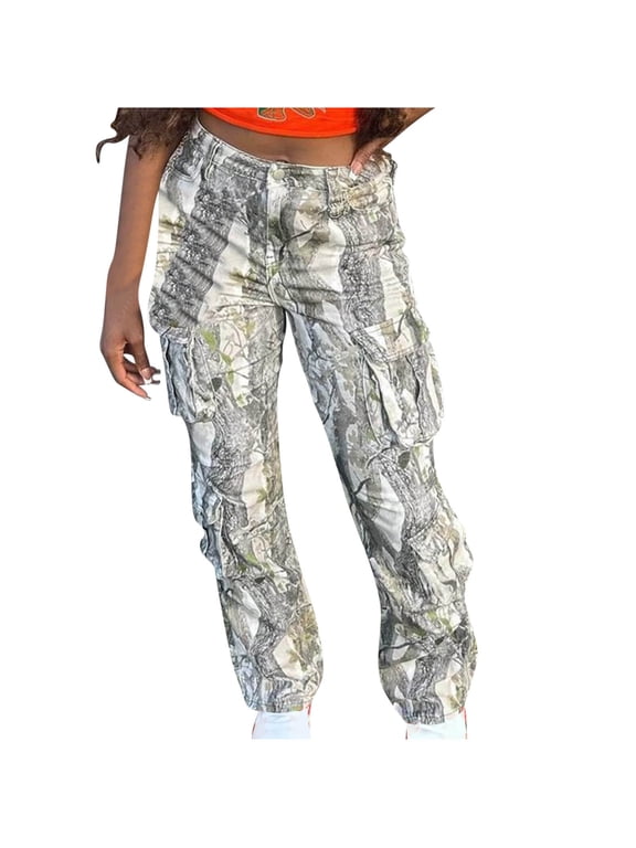 Womens Camouflage Printed Cargo Pants Casual High Waisted Baggy Stretch Straight Leg Trousers Spring/Summer Wide Leg Pants with Pockets Black