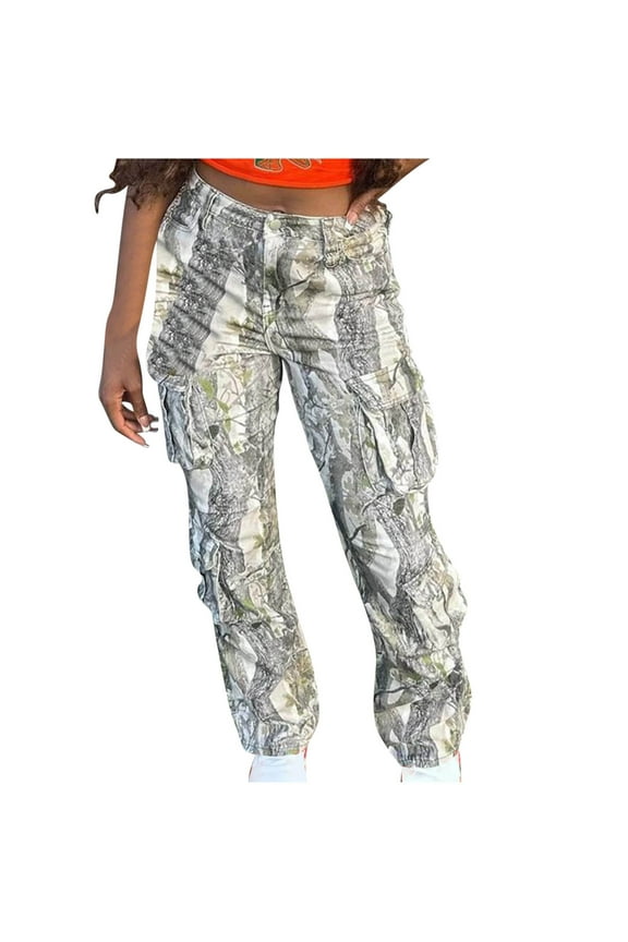 Womens Camouflage Printed Cargo Pants Casual High Waisted Baggy Stretch Straight Leg Trousers Spring/Summer Wide Leg Pants with Pockets Black