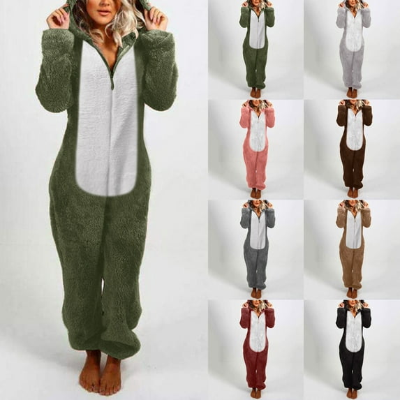 Lovskoo Womens Coral Fleece Hooded Jumpsuit Fuzzy Pajamas Long Sleeve Cute Ear One Piece Onesie Winter Warm Rompers Sleepwear Dark Gray