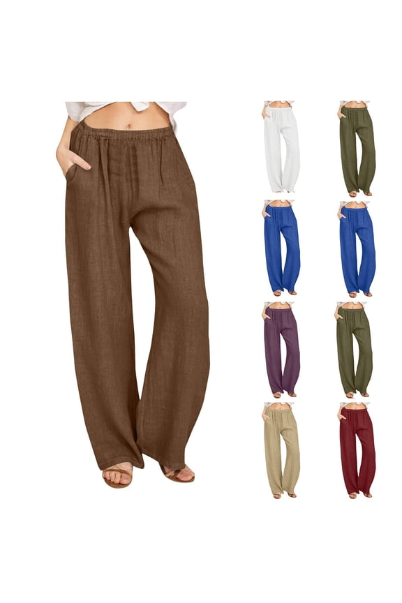 Womens Cotton And Linen Pants High Waist Palazzo Pants Elastic Waist Wide Leg Dressy Casual Lounge Trousers Olive Green