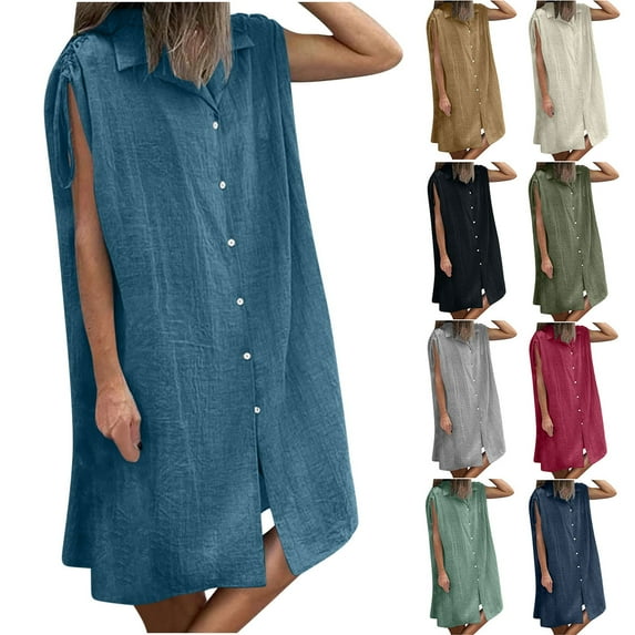 Lovskoo Womens Cotton Linen Dress Summer Casual Mini Sleeveless Button Down Shirt Dress Shoulder Drawstring Loose Beach Cover Up Dress Dark Blue