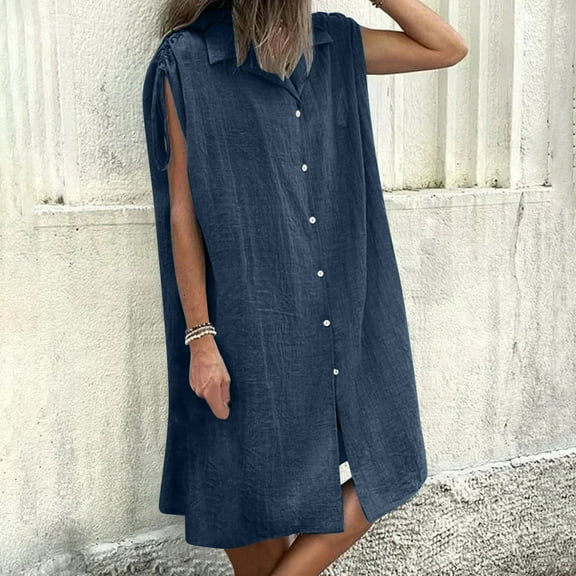 Lovskoo Womens Cotton Linen Dress Summer Casual Mini Sleeveless Button Down Shirt Dress Shoulder Drawstring Loose Beach Cover Up Dress Navy