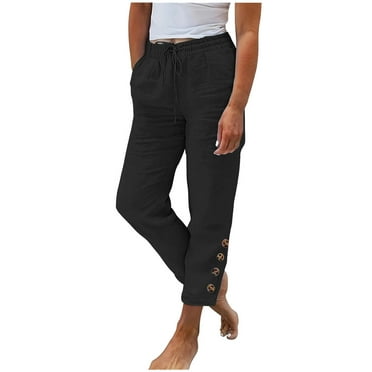 Lovskoo Womens Cotton Linen Pants Drawstring High Waisted Lantern Tapered Pants Loose Flax Ankle Trousers Summer Baggy Pants with Pocket Black L