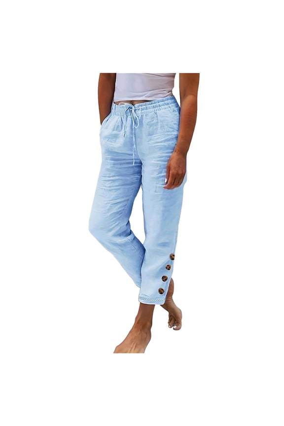 Womens Cotton Linen Pants Drawstring High Waisted Lantern Tapered Pants Loose Flax Ankle Trousers Summer Pants with Pocket Sky Blue 2XL