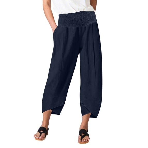 Lovskoo Womens Cotton Linen Pants Lantern Tapered Capris Loose Flax Ankle Trousers Summer Elastic Waist Cropped Pants with Pocket Dark Blue L
