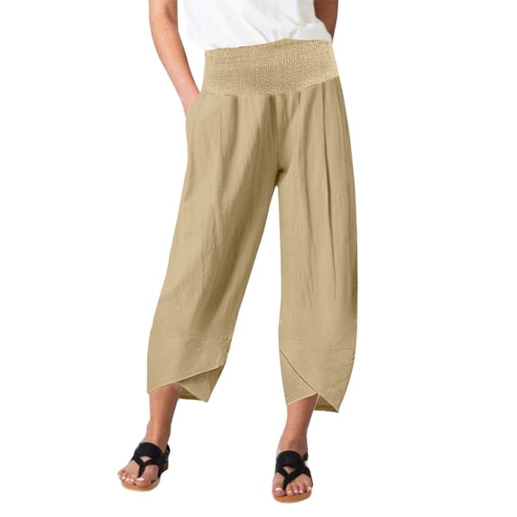 Lovskoo Womens Cotton Linen Pants Lantern Tapered Capris Loose Flax Ankle Trousers Summer Elastic Waist Cropped Pants with Pocket Khaki 2XL