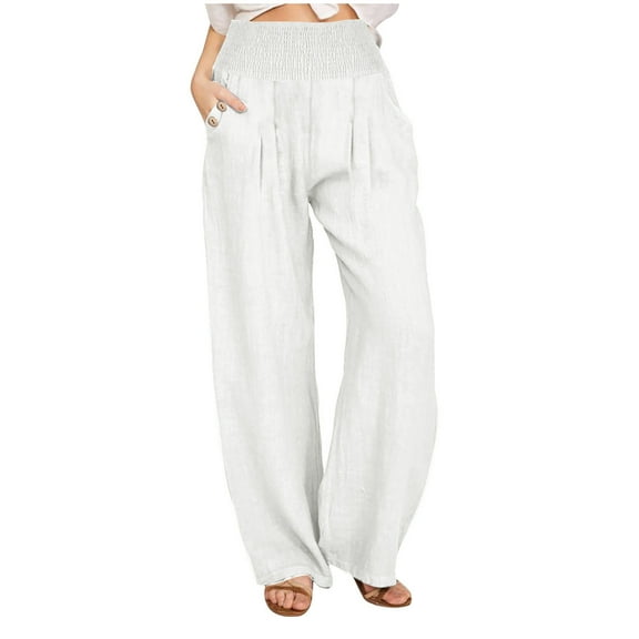 Lovskoo Womens Cotton Linen Pants Palazzo Wide Leg Long Lounge Pant Trousers with Pocket White