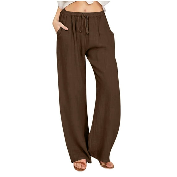 Lovskoo Womens Cotton Linen Pants Summer Drawstring Palazzo Pants Wide Leg Long Lounge Pant Trousers with Pocket Brown L