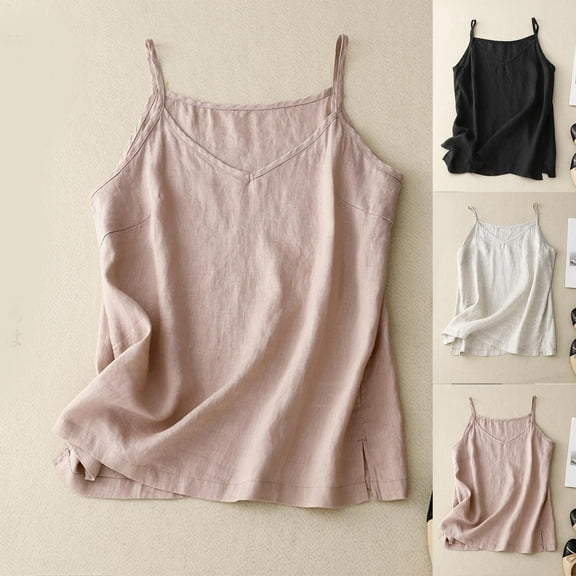 Lovskoo Womens Cotton Linen Tank Tops Summer Casual Sleeveless V Neck Camisole Loose Spaghetti Strap Cami Shirts Pink