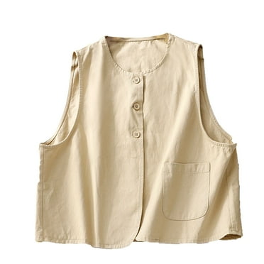 Lovskoo Womens Cotton Linen Vest Casual Loose V Neck Sleeveless Vests Jacket Blazer Waistcoat with Pockets Beige