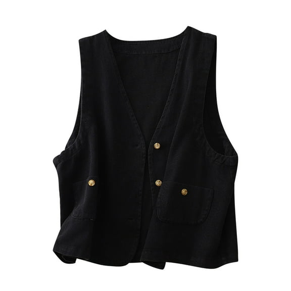 Lovskoo Womens Cotton Linen Vest Casual Loose V Neck Sleeveless Vests Jacket Blazer Waistcoat with Pockets Black