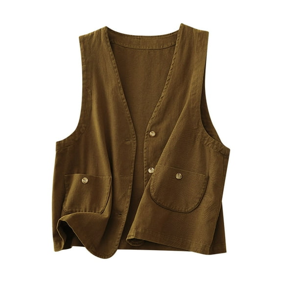 Lovskoo Womens Cotton Linen Vest Casual Loose V Neck Sleeveless Vests Jacket Blazer Waistcoat with Pockets Yellow