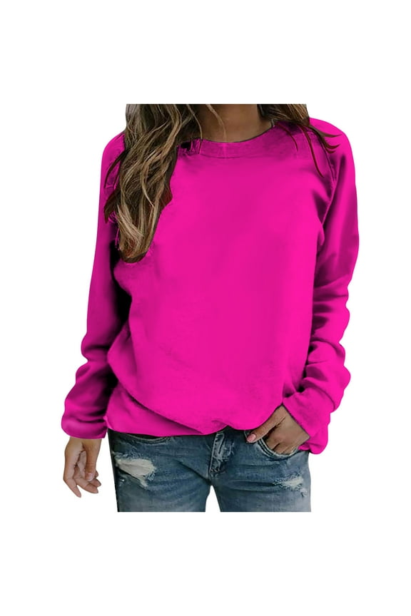 Womens Crewneck Sweatshirt Long Sleeve Casual Shirts Solid Color Loose Fit Tunic Women Clothing Pullover Tops Hot Pink