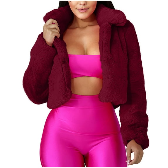 Lovskoo Womens Cropped Faux Fur Coat Winter Warm Fluffy Casual Lapel Jackets Warm Fuzzy Solid Color Outerwear Claret